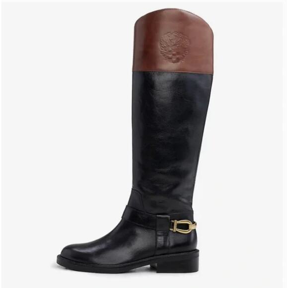 Vince Camuto Amanyir Riding Boots 5 NWOT Black Tan Tall Knee High Leather Prep - Picture 3 of 9